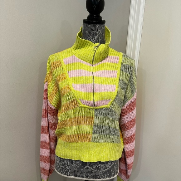 Sincerely Jules Collared Quarter Zip Sweater Neon Striped Cropped Color Block XL - Picture 2 of 11